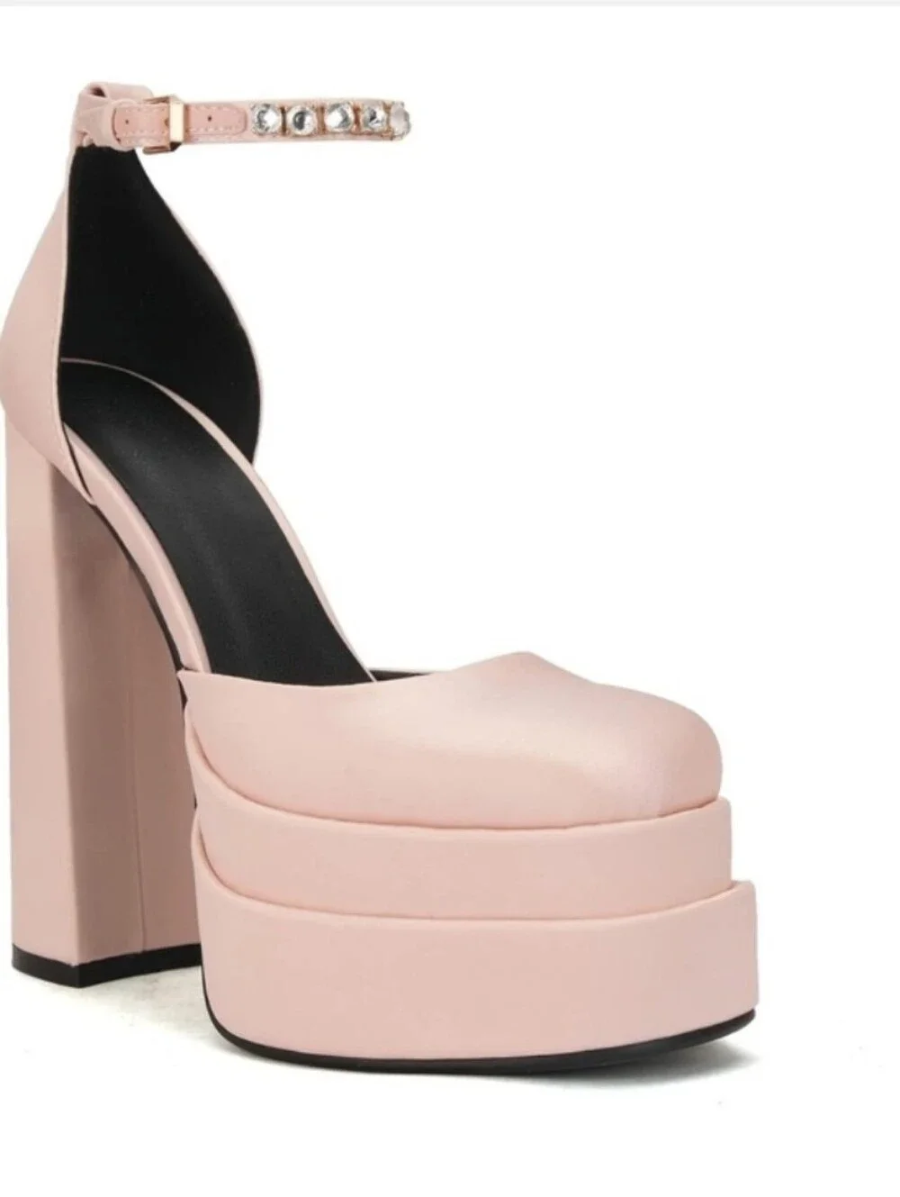 Platform Block Heel Sandals with Gemstone Ankle Strap - Pink